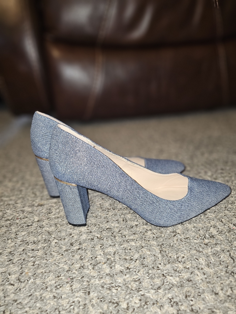 Women's Denim Pointed Toe Block Heel Pump